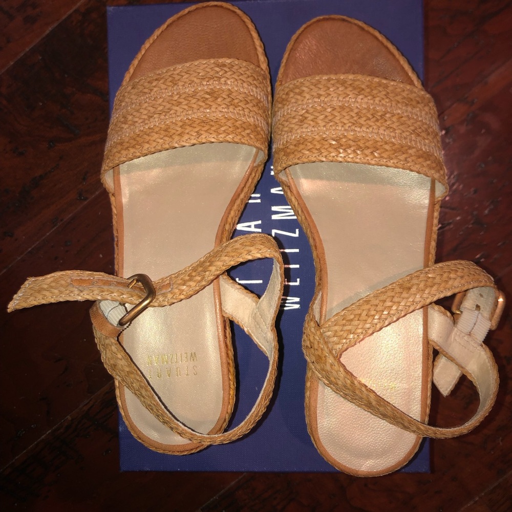 Stuart Weitzman Tan Textured Sandals with Ankle Strap